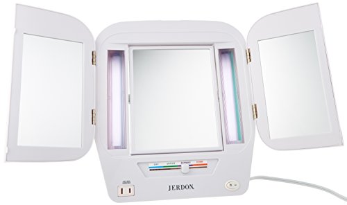 Jerdon JGL10W Euro Tri-Fold Lighted Mirror with 5x Magnification, 4-Light Settings, White Finish