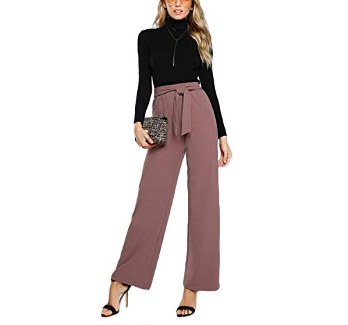 pursuit-of-self Tie Waist Palazzo Pants Pink Elegant High Waist Pants Autumn Trousers,Pink,M
