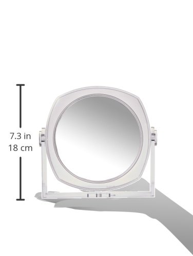 Acrylic transparent table-top mirror, light and portable. Double-Sided 10X/1X Magnification and Normal View. 6.5 inches diameter and 7 inches height. Soft Touch Finish