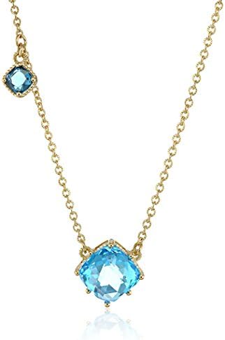 Judith Ripka "Flora" FTR782 Matching Cushion Pendant On Fine Chain with Swiss Blue Topaz In Center and London Blue Topaz Small Side Stone Pendant Necklace