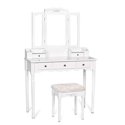Vanity Stool Set,Make Up Table with 5 Drawers,Tri-Folding 3 Mirrors,Cushioned Stool Easy Assemble White - Thumbnail 5