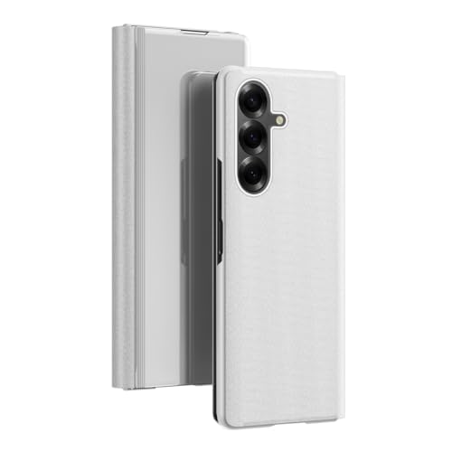 Étui de protection pour Samsung Galaxy Z Fold 7 - En cuir miroir - Clear View - Rabat Z Fold7 - Avec support à 360° - Résistant aux chocs et aux rayures - Argenté