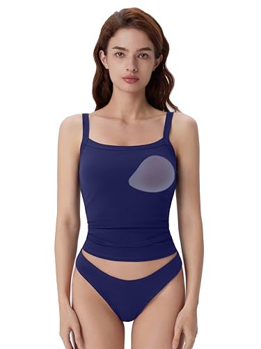 SUUKSESS Women Cotton Rib Padded Tank Tops Sleeveless Spaghetti Strap Square Neck Tops Summer Camisole Going Out Shirts (Navy Blue, Small) at Amazon