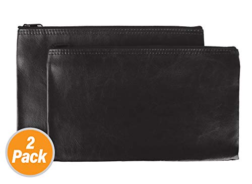 Bank Deposit/Utility Zipper Coin Bags, 11 X 6 Inches - Leather Zipper Pocket Money Holder, Safe for Cash, Coins, Legal Documents, Receipts - Black - 2 Pack