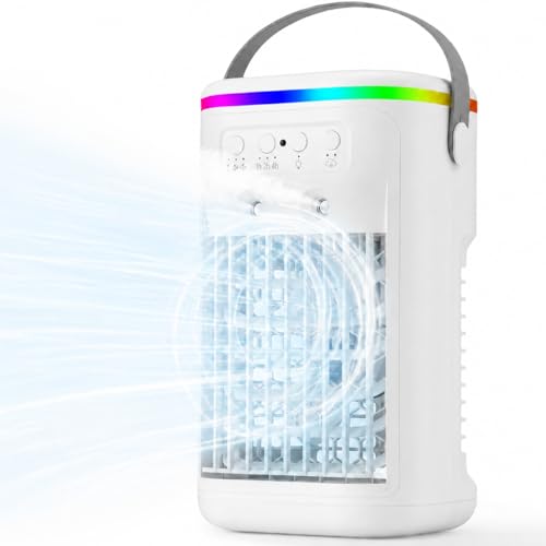 Mini Quiet Portable Air Conditioner, Air Cooler with Remote Control, 3 Speeds and 2 Misting Modes, 1-4H Timer, 7 LED Lights, Cold Air Fan for Bedroom Office