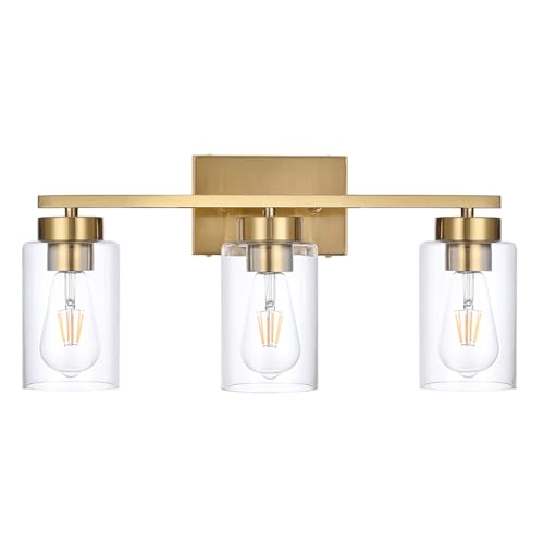 3-Light Bathroom Vanity Light, Modern Brushed Gold Wall Lights with Clear Glass