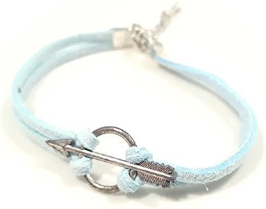 Silver Metal Arrow Emblem, Leather Strap Bracelet, Adjustable (Blue)