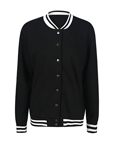 ASMAX HaoDuoYi Womens Varsity Ribbed Color Block Long Sleeve Baseball Bomber Jacket Black
