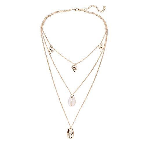 Layered Pendant Necklace 3 Pcs,Haluoo Women Trendy Gold Plated Coconut Tree Tassel Choker Bohemian Natural Cowrie Shell Pendant Necklace Long Gold Plated Shell Pendant Sweater Chain (Gold)