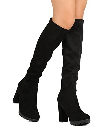 Nature Breeze FG54 Women Faux Suede Knee High Lug Sole Chunky Heel Boot - Black (Size: 8.5)