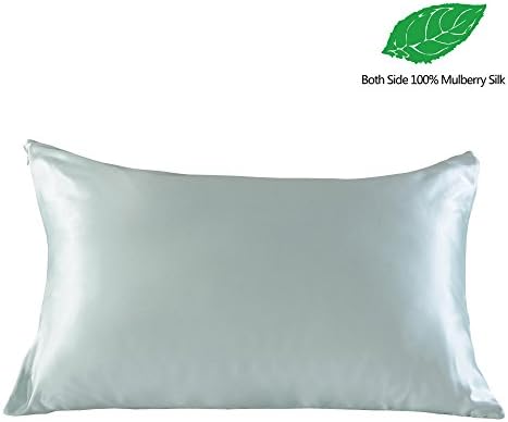 YSTHER Both Sides 19 Momme 100% Pure Mulberry Silk Pillowcase, Great for Hair &amp; Skin, with Hidden Zipper, Aqua, King Size, Gift Box