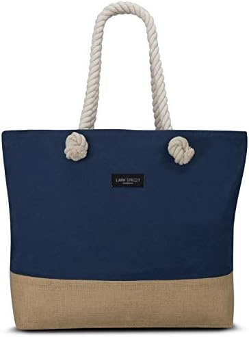 LARK STREET Beach Bag Women & Men Made of Cotton Canvas & Jute - Swim Travel Tote
