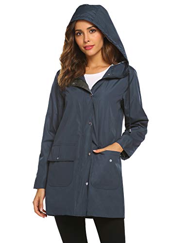 SUNAELIA Rain Jacket Women Waterproof with Stripe Liner Hood Lightweight Raincoat Outdoor Windbreaker Trench Coat S-XXL Navy Blue - Thumbnail 3