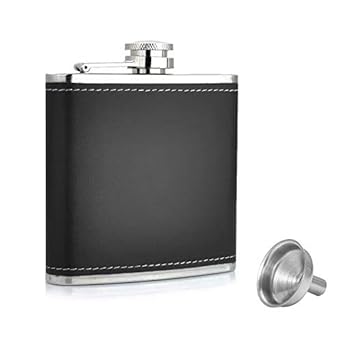Icy Shots Stainless Steel and Stitched Leather Hip Flask 8 Oz (230 Ml), Liquor Flask Or Wine Whiskey Alcoholic Beverage Holder with Funnel Set