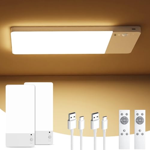 Lampara de Techo Recargable 12000mAh, 2 Pack Luz LED Inalámbrica con Sensor de Movimiento y Control Remoto, 3 Colores y Regulable, Luces para Cocina, Clóset, Baño, Pasillo, Recámara