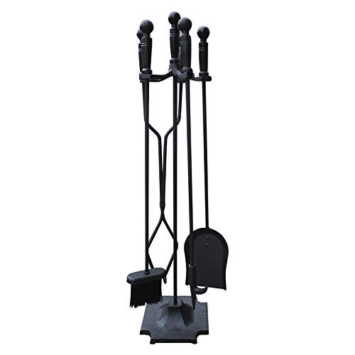 5 Pieces Wrought Iron Fireplace Tools Set Firepit Fireset with Handles, with Poker, Tongs, Shovel, Brush, Sturdy Center Stand - Thumbnail 6