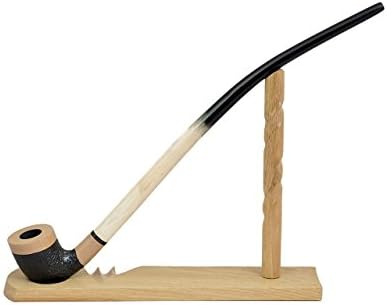 Extra long beige - black with carved bowl churchwarden tobacco smoking pipe with stand from Golden Pipe (Poland)