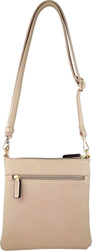 Vegan Mini Multi-Zipper Crossbody Handbag Purse with Tassel Accents with RFID Protection (Beige RF) - Thumbnail 3