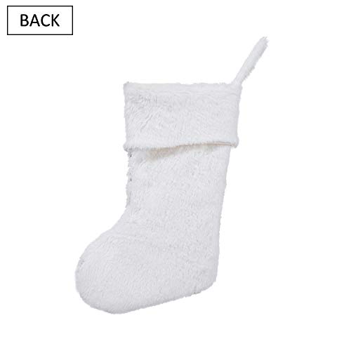 GMOEGEFT Snowy White Faux Fur Christmas Stocking with Sparkly Silver Snowflake Sequins, Xmas Sock Mantle Hanging Ornament, Holiday Decoration