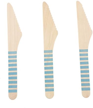 Cake Knife, Flatware Set (Stripe Dark Blue Knife Set, Cutlery Sets for 12) - Navy Blue Wooden Knife, Baby Shower Party Supplies, Disposable Knives, Serving Utensils