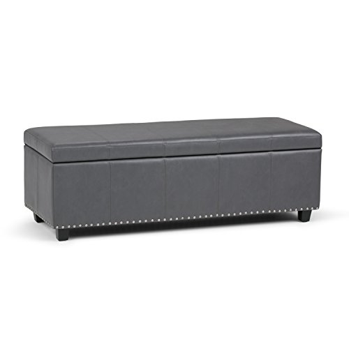 SIMPLIHOMEKingsley 48 inch Wide Transitional Rectangle Large Storage Ottoman in Stone Grey Vegan Faux Leather, Assembled, For the Living Room, Entryway and Family Room