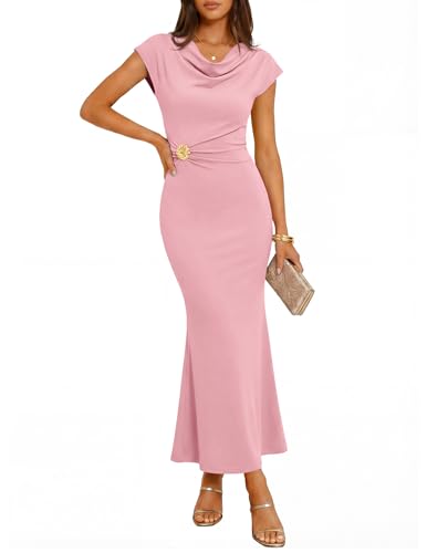 ZESICA Women's Summer Cowl Neck Bodycon Dress 2026 Cap Sleeve Ruched Elegant Wedding Guest Cocktail Long Midi Dresses-Pink-L by ZESICA - Used condition - US$21.79