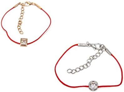 Pack of 2. Sterling Silver Charm Red String Cord Bracelet Wristband. (Silver Round/Gold Square)