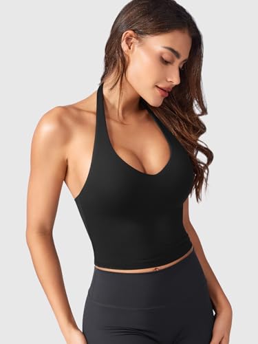 ZAAYO Halter Neckline Tank Top Women's Deep V Padded Crop Top Women's Sports Tops Summer Basic Sexy Sleeveless Summer Tops