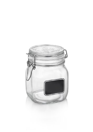 Bormioli Rocco Fido Square Clear Jar with Chalkboard, 25-1/4-Ounce, 3/4L