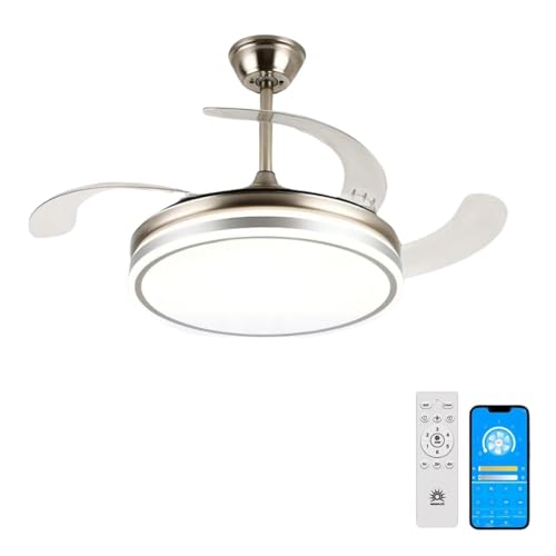 Megaluz F8585-42 Ventilador de techo con luz led y control remoto y APP, 42 pulgadas, luz fría, cálida y neutra, aspas retractiles, Abanico de techo 3 velocidades y motor silencioso (Metal satinado).