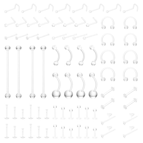 76pcs,clear piercing retainer for surgery,Bioflex Nose Rings clear earrings for sports lip rings eyebrow piercing jewelry horseshoe nose ring, nipple ring dangle belly tongue rings tragus piercing industrial piercing jewelry for Women and Men