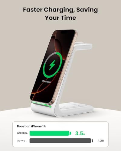 Wireless Charging Stand, GEEKERA 3 in 1 Wireless Charger Dock Station for iPhone 17 16 15 14 13 12 11 Pro Max Plus/X/8 Series, Apple Watch Ultra/11/10/9/SE/8/7/6/5/4/3/2, AirPods Pro/4/3/2