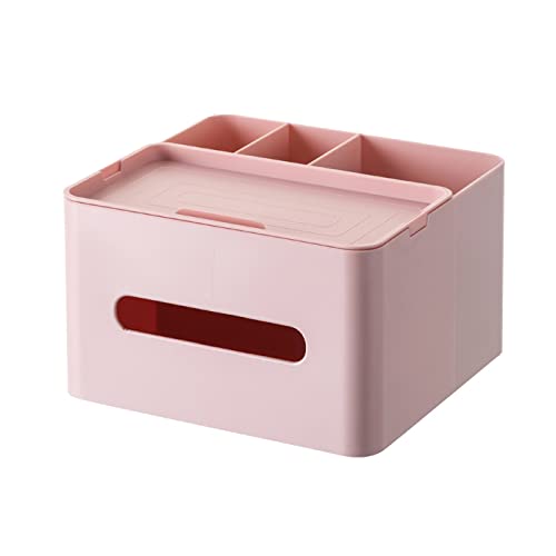 HornTide 5-in-1 Tissue Box 20cm Multifunction Countertop Organizer 3x Compartments 1x Tray Boutique Stationery Storage Caddy HIPS Plastic (Pink)