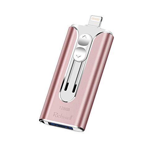 USB Flash Drive 128GB Thumb Drive Memory Stick iOS Flash Drive for iPhone Photo Stick 3in1 External Storage USB Drive Richwell Compatible iPhone iPad Mac Android and Computer(Pink128G-UX)