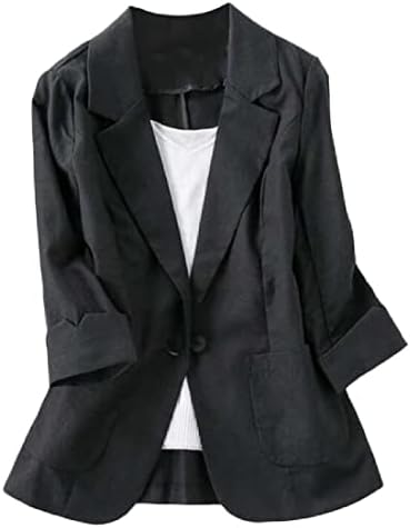 Jofemuho Womens Casual Solid Cotton Linen 3/4 Sleeve Short OL Work