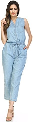 Boteley Fashion Belted Sleeveless V-Neck Denim Jumpsuit for Women (Small, Light Blue)
