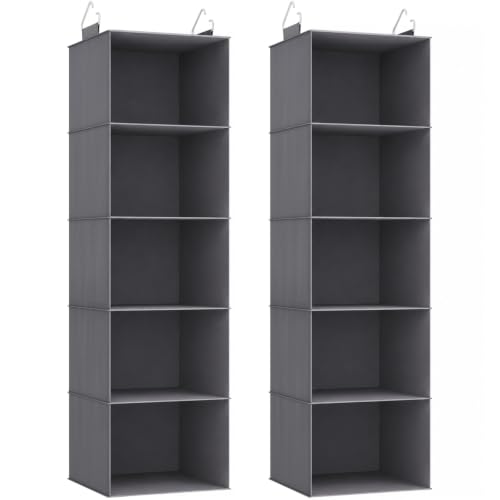 Lifewit Hanging Closet Organizer with 5 Shelves and 2 Sturdy Hooks, Indoor Wardrobe Shelves, Foldable Organizer, Clothes Storage, 40 Inch (H), Grey, Set of 2