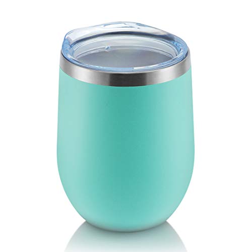 DOMICARE Insulated Wine Tumbler with Lid (1 Pack, Light Blue) - 12 OZ Stemless Double Wall Vacuum Traval Mug - Keeping Cold & Hot for Wine, Coffee, Cocktails, Drinks
