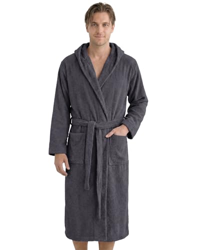 LAYNENBURG Men's Terry Towelling Bathrobe Made of 100% Cotton – Oeko-Tex Standard – Soft Dressing Gown Calf Length with Hood, Tie Belt and Patch Pockets – Ideal for Sauna and Home (M-XXXL)