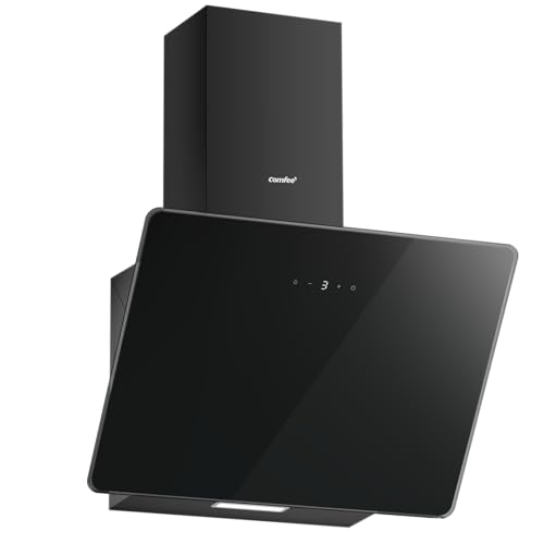 COMFEE Abgewinkelte Dunstabzugshaube ANGJ64B-60 aus gehärtetem Glas und Edelstahl, 60 cm, mit Touchscreen, LED und Umluft- und Luftleitungssystem, Wan