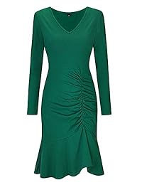 ULTRANICE Vestido corto de manga larga con volantes y cuello en V para mujer