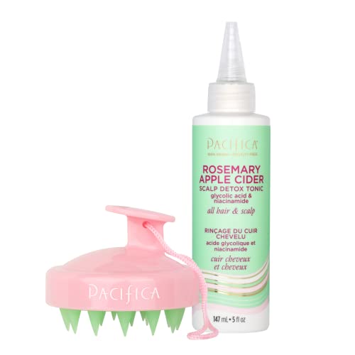 Pacifica Scalp Detox Set – Rosemary Apple Cider Vinegar Scalp Exfoliating Tonic with Scalp Massager Brush