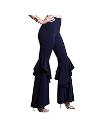 Pantalones de cintura alta con volantes para dama, color sólido, pierna ancha, pantalones con cremallera trasera