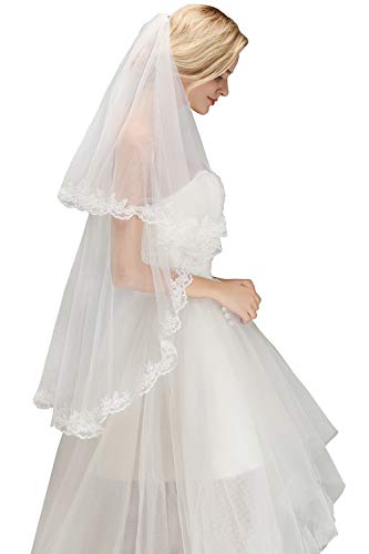 Women's Short 2 Tier Lace Wedding Bridal Veil With Comb,Ivory - Thumbnail 3