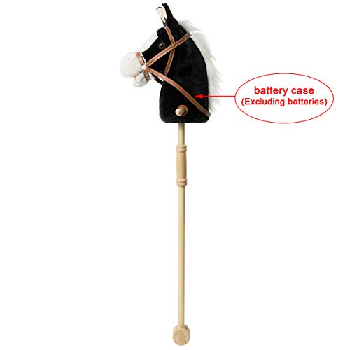 HollyHOME Outdoor Stick Horse with Wood Wheels Real Pony Neighing and Galloping Sounds Plush Toy Black 36 Inches(AA Batteries Required)