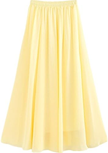 Season Show Women's Multicolor Elastic Pleated Retro Maxi Chiffon Long Skirt 04 Yellow L
