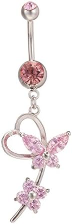 Fashion Women Body Piercing Jewelry 14G Hypoallergenic Stainless Steel Cubic Zirconia Belly Button Ring Navel Rings Buterfly Dangle Pink