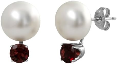 Sterling Silver 925 10-10.5mm White Freshwater Cultured Button Pearl and 5mm Gemstone Stud Earrings