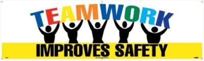 NMC BT32 Motivational and Safety Banner, Legend "TEAMWORK - IMPROVES SAFETY", 120" Length x 36" Height, Vinyl, Yellow/Black on White