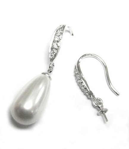 2 pcs Rhodium on .925 Sterling Silver Earwires French Hook Dangle Earring Connector w/3mm Pearl Cup For Half Drilled Pearl/Stone/Findings